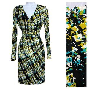 Calvin Klein Faux Wrap Dress‎ S Abstract Print Long Sleeve V-Neck Stretch Career